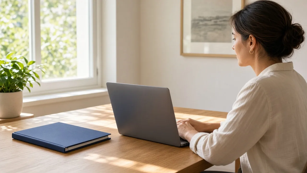 A person sits at a sunny desk with a closed navy folder and a laptop turned away.