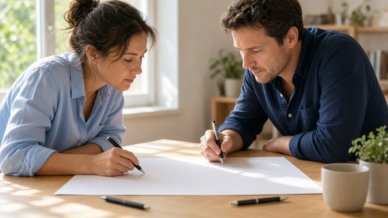 Two colleagues plan over a blank sheet at a sunny table.