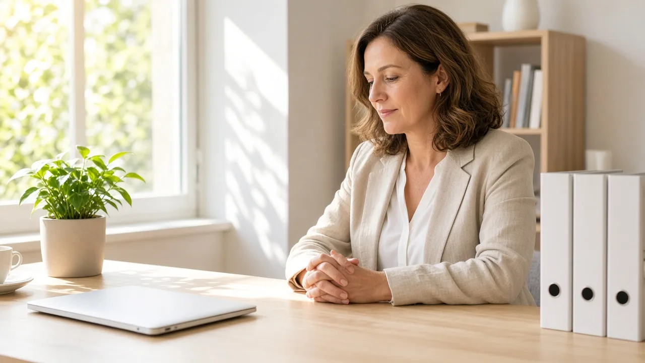 An administrator sits at a sunlit desk with a closed laptop and plain white binders.