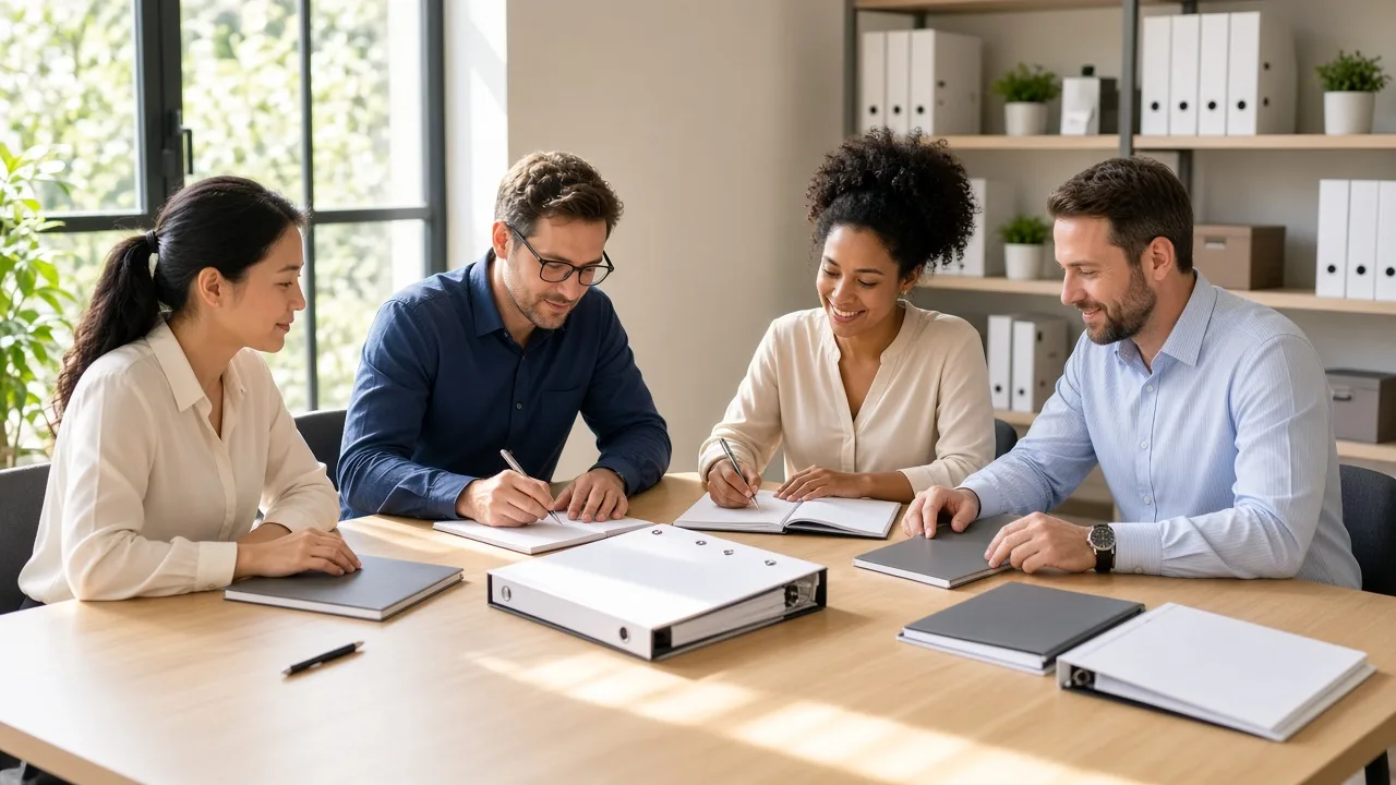 A fund team meets at a sunny table with unlabeled binders and closed notebooks.