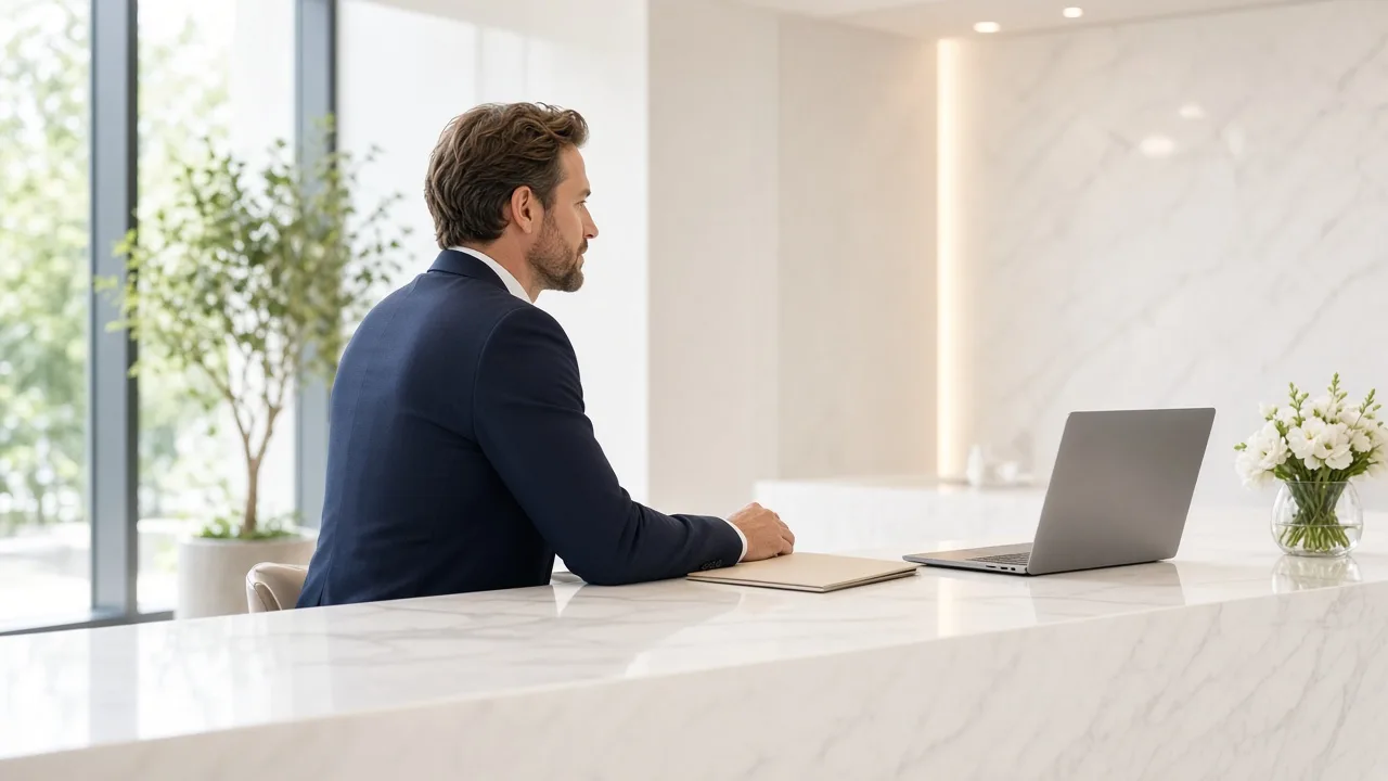 An investor sits with a blank folder at a bright desk, laptop screen turned away.