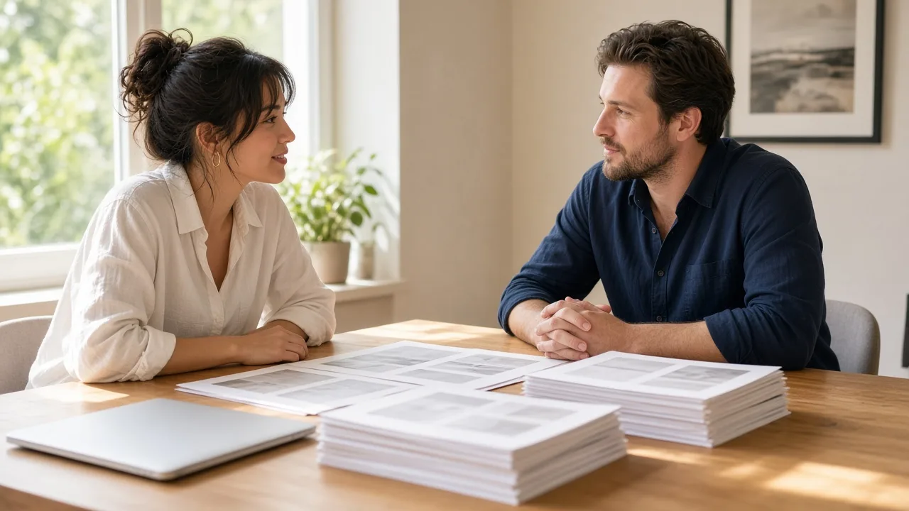 Two colleagues sit with paper stacks and a closed laptop at a sunny table.