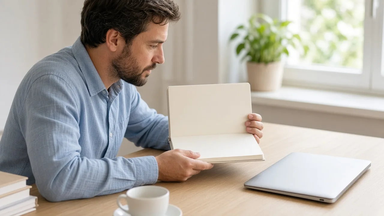 A person reviews a blank notebook beside a closed laptop in daylight.