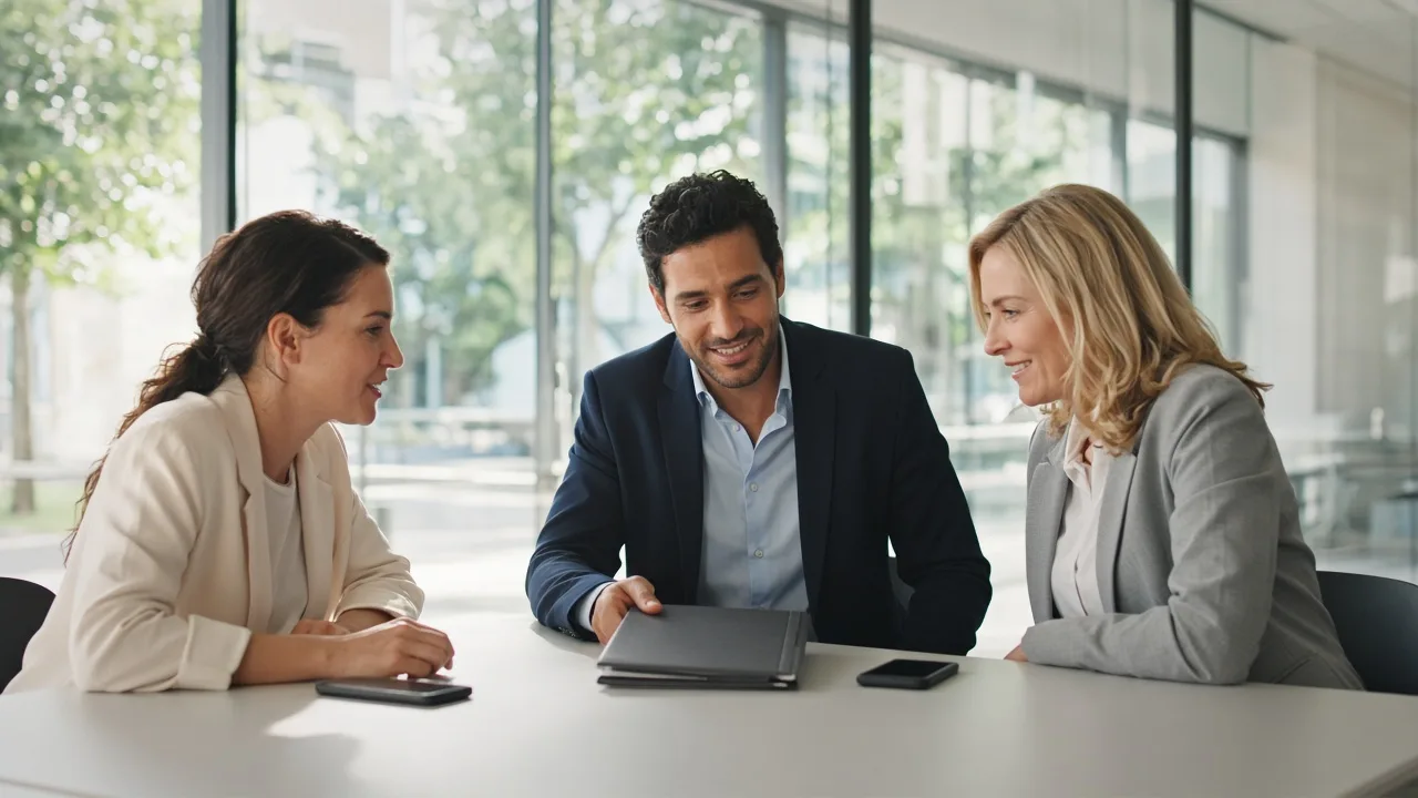 Three professionals plan around a closed folder in a bright meeting room.