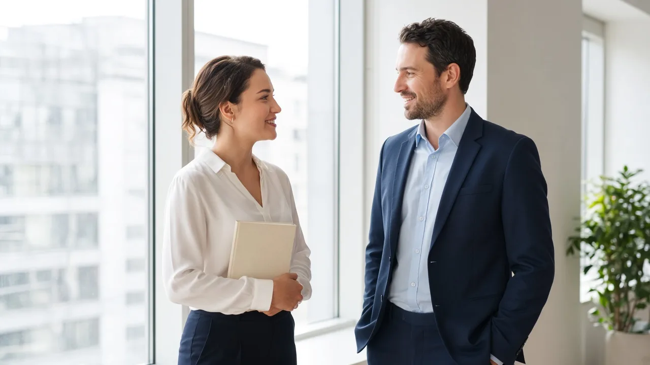 Two colleagues stand by a bright office window with a closed notebook.