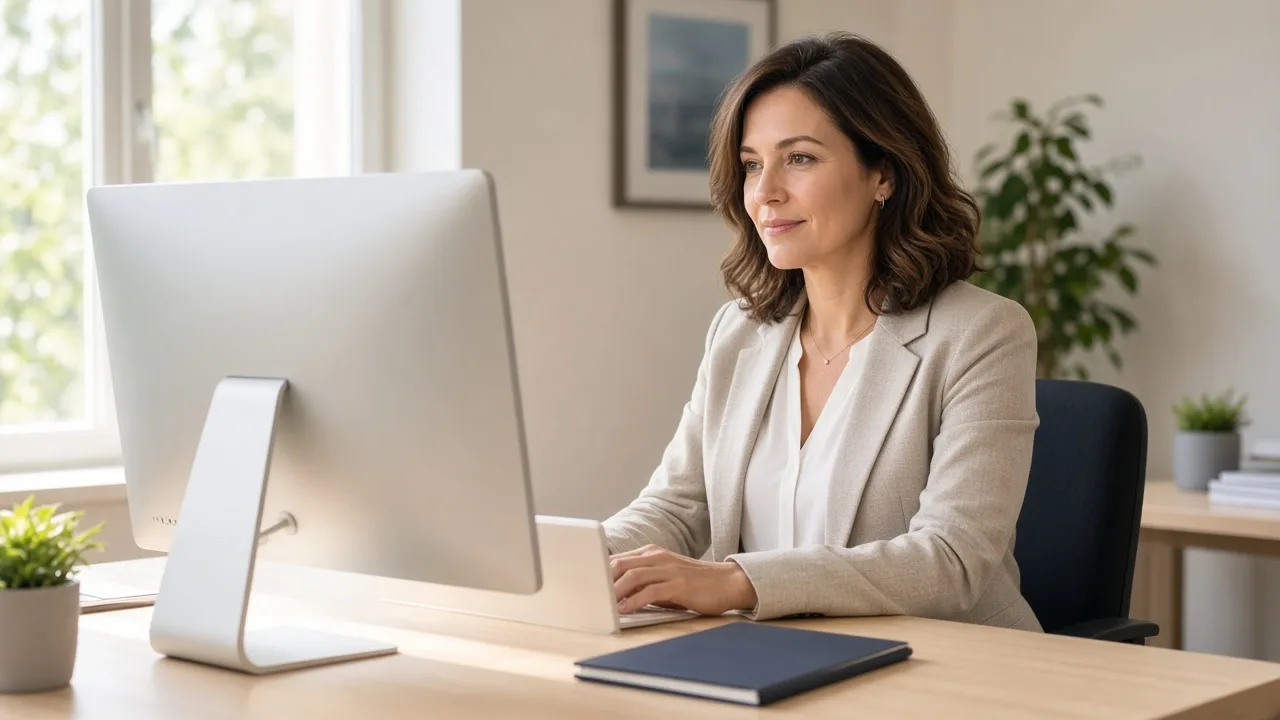 An administrator works at a bright desk with a monitor facing away.
