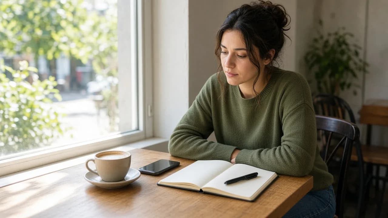 A job seeker sits at a sunny cafe table with a blank notebook and a phone face down.