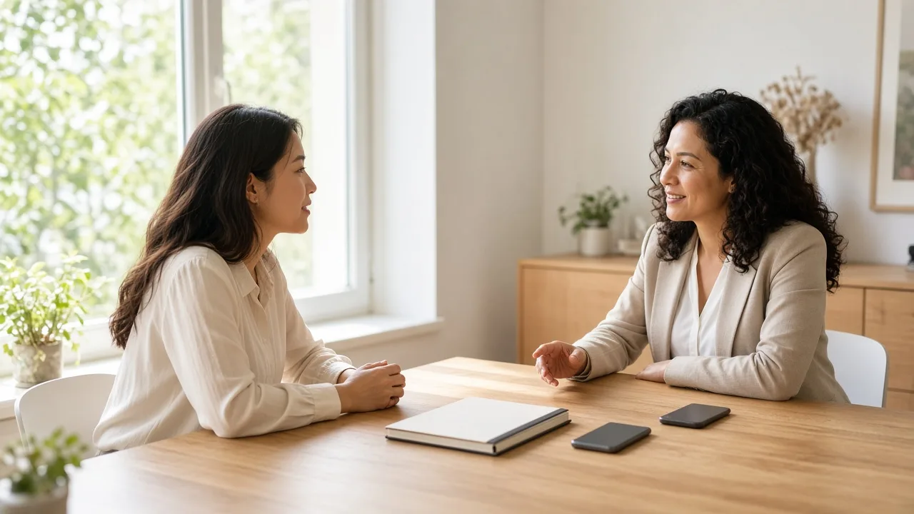 A recruiter and a candidate talk at a sunlit desk with phones face down.