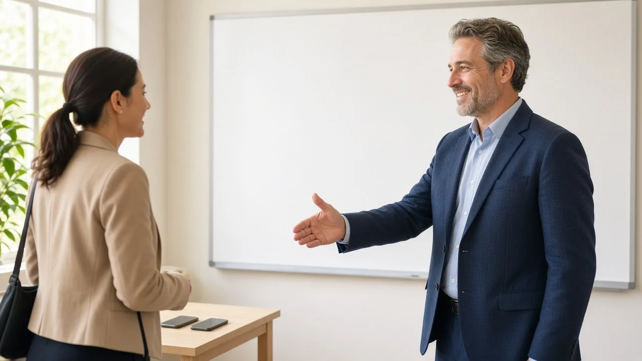 An employer welcomes a candidate in a sunny office.