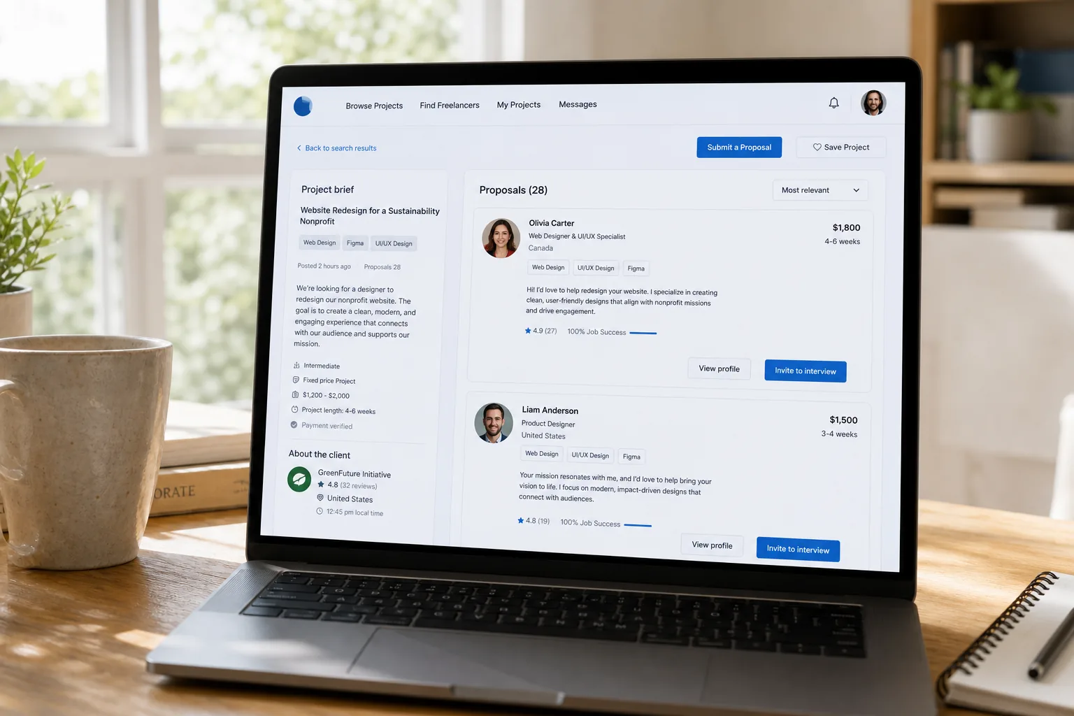 Freelance marketplace with project listings, proposals, contracts, and secure payments