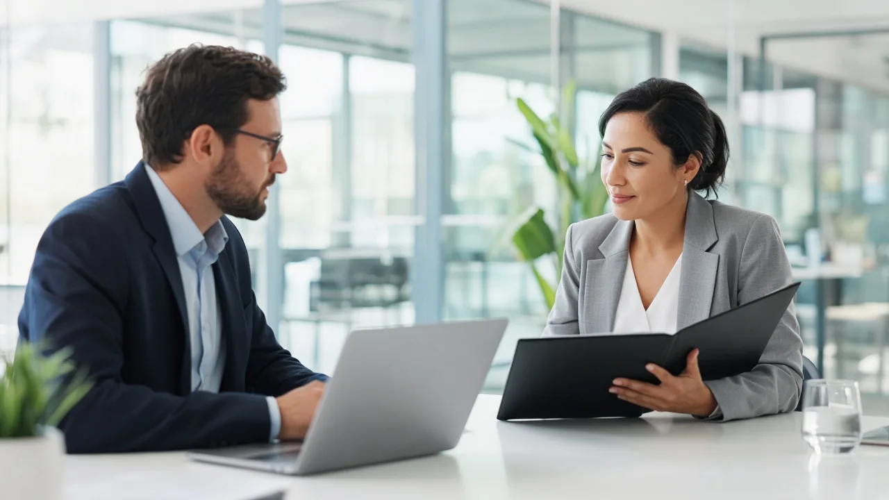 A recruiter reviews a closed folder with a candidate in a bright glass office.