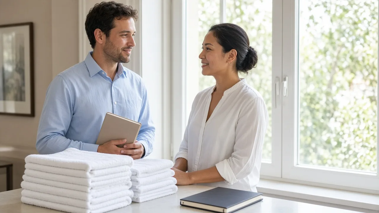 Two colleagues stand by a bright window with a closed notebook and folded towels.