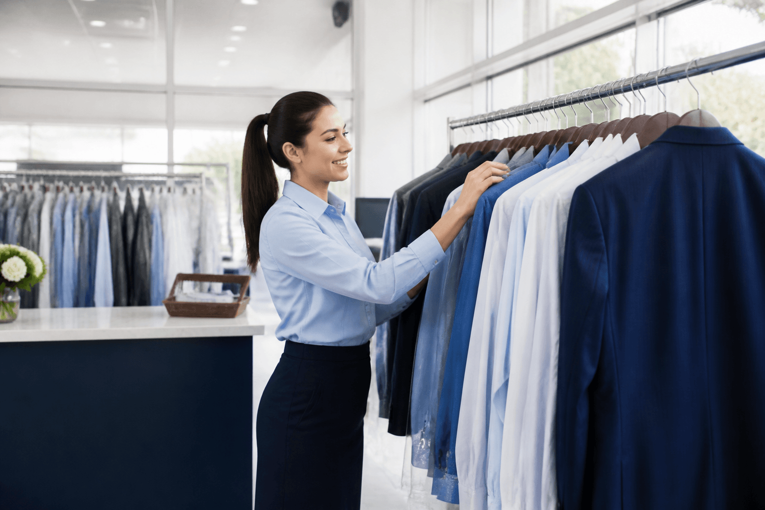 Dry cleaning app with garment racks and pressed clothing