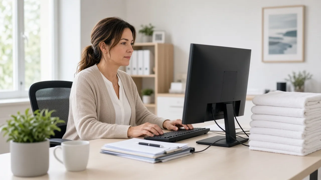 A coordinator sits at a light desk with a monitor facing away and folded towels nearby.