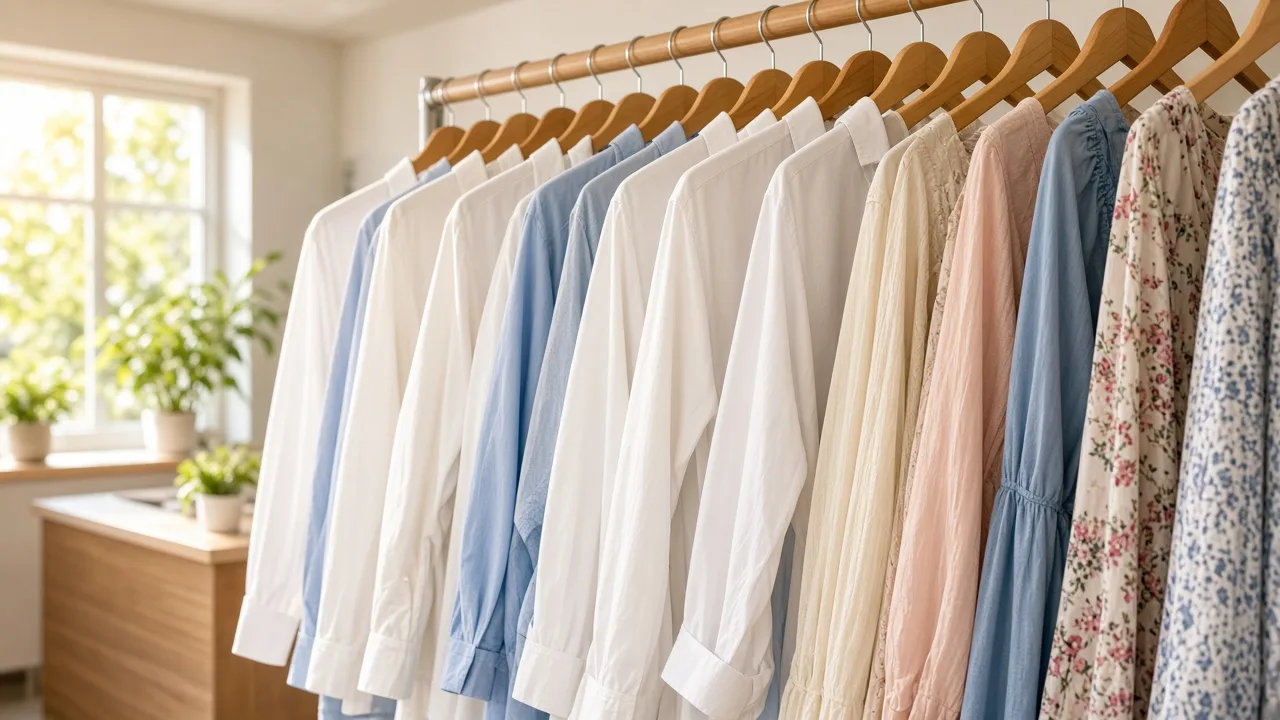 Clean shirts and dresses hang on wooden hangers in a sunny shop.