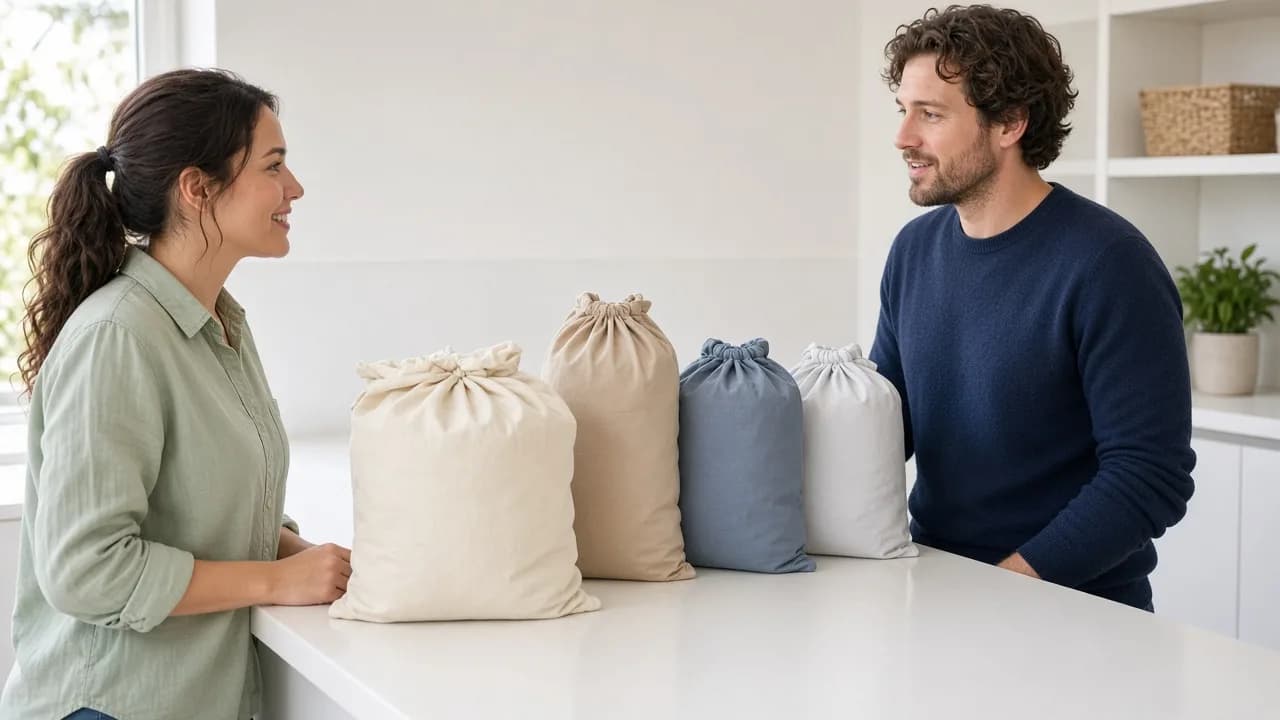 Two people talk beside several plain laundry bags on a bright counter.