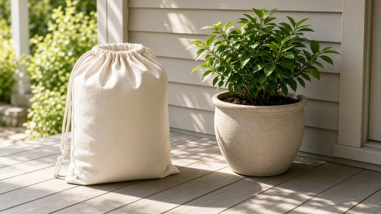 A plain canvas laundry bag waits on a sunny front porch.