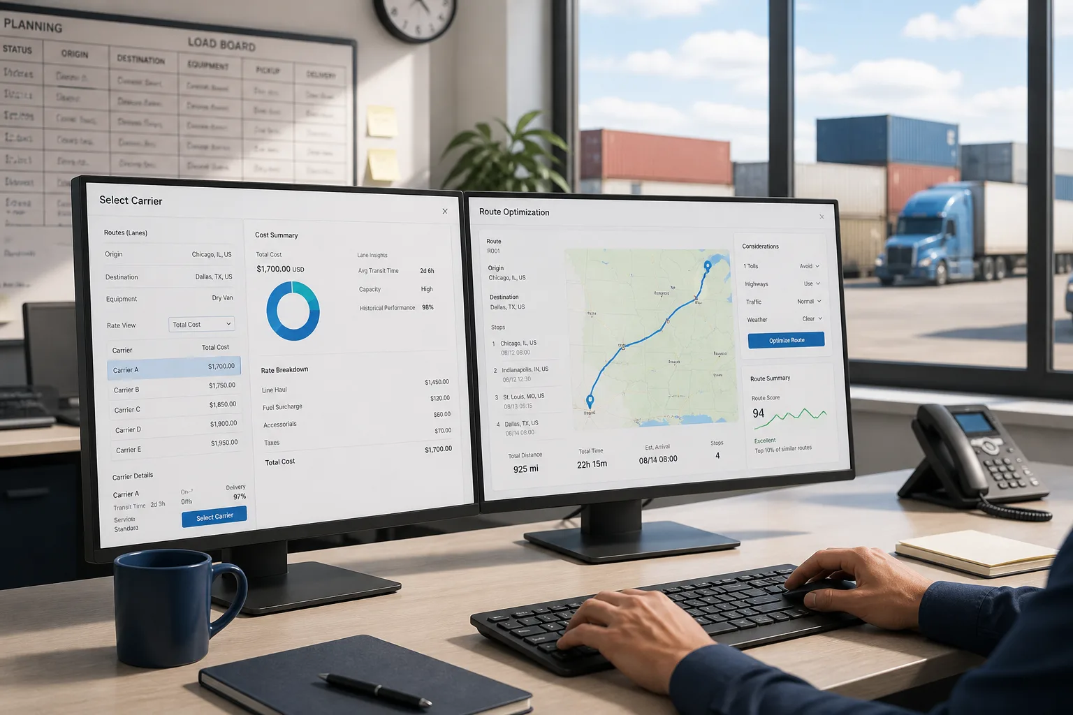 Transportation management system with carrier selection, route optimization, and dispatch operations