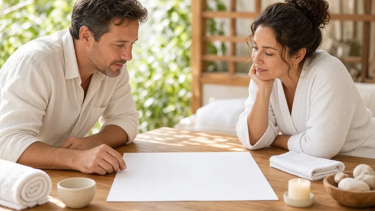Two adults plan over a blank sheet at a sunny spa table.