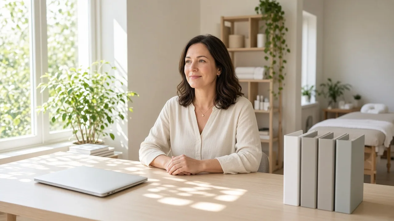 An administrator sits at a sunlit spa office with a closed laptop and plain binders.