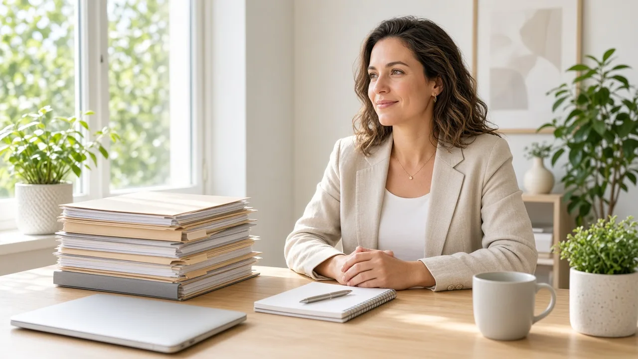 A wellness manager sits at a sunny desk with unlabeled folders and a closed laptop.