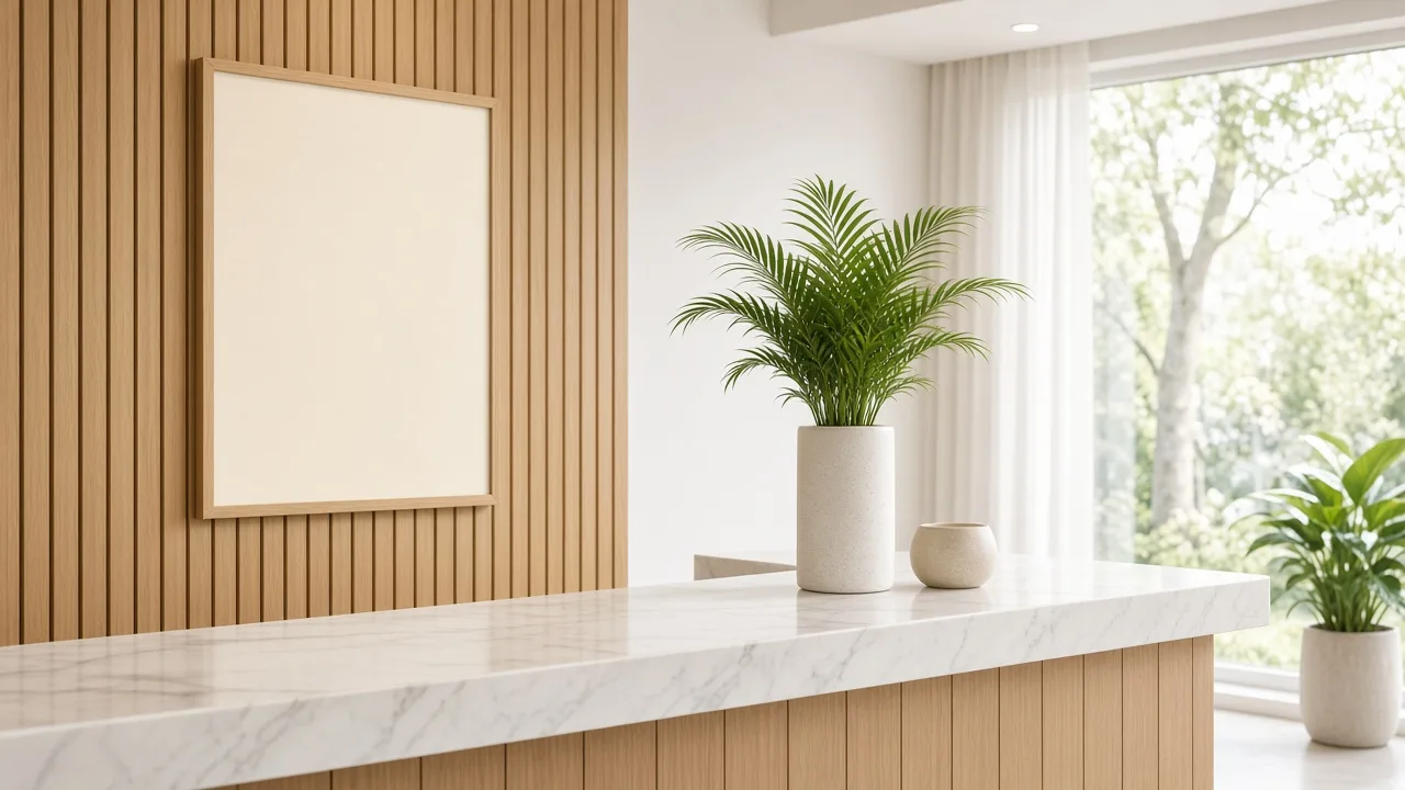 A bright spa reception has a blank framed panel, plants, and a marble desk.