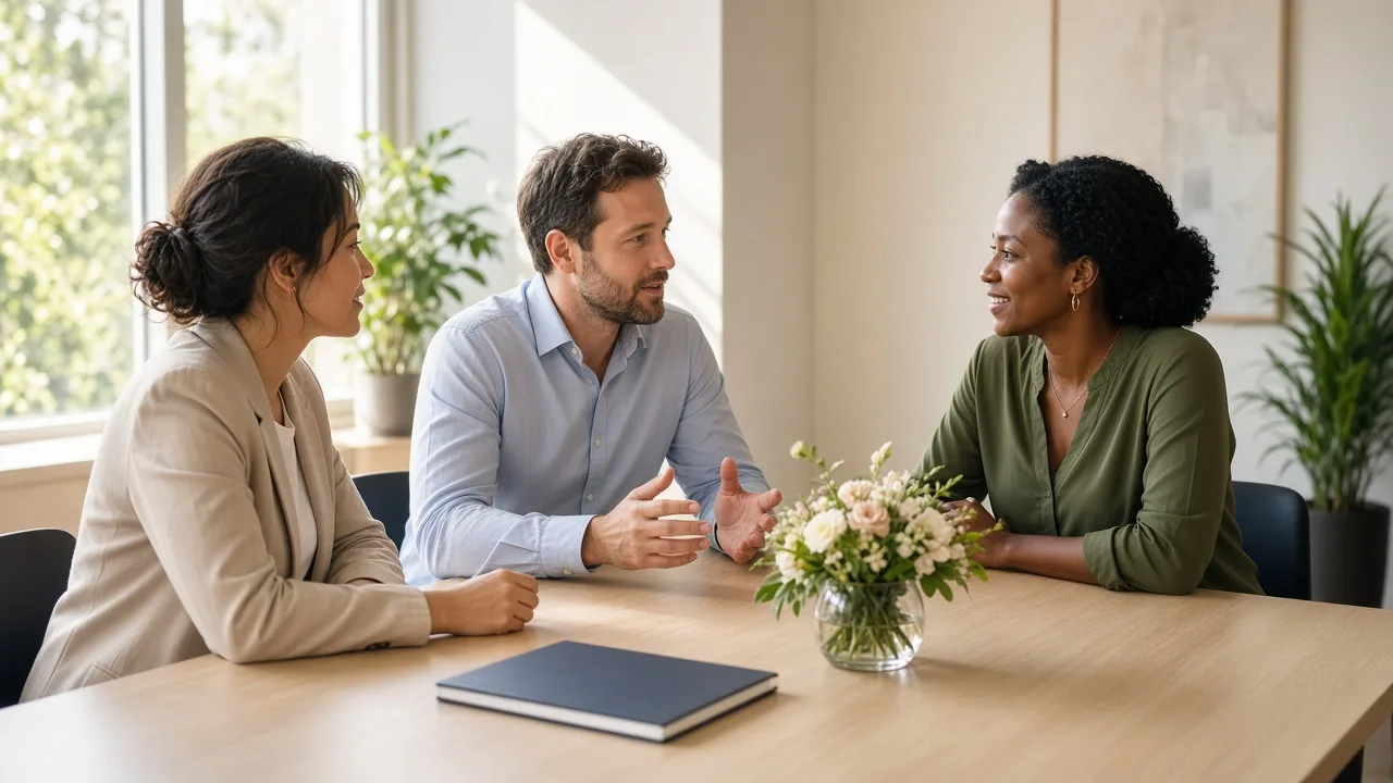 Three colleagues talk in a sunny meeting room with a closed folder and a small flower arrangement.