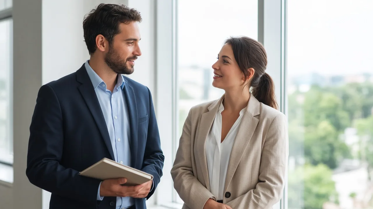 Two colleagues stand by a bright window with a closed notebook.