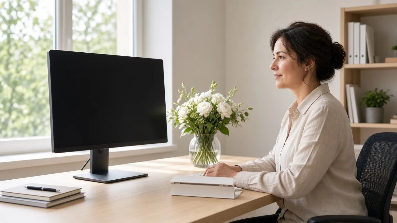 A coordinator sits at a light desk with a monitor facing away and a small bouquet nearby.
