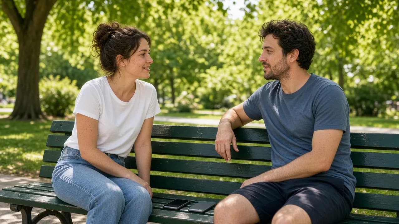Two people talk on a sunny park bench with their phones face down.