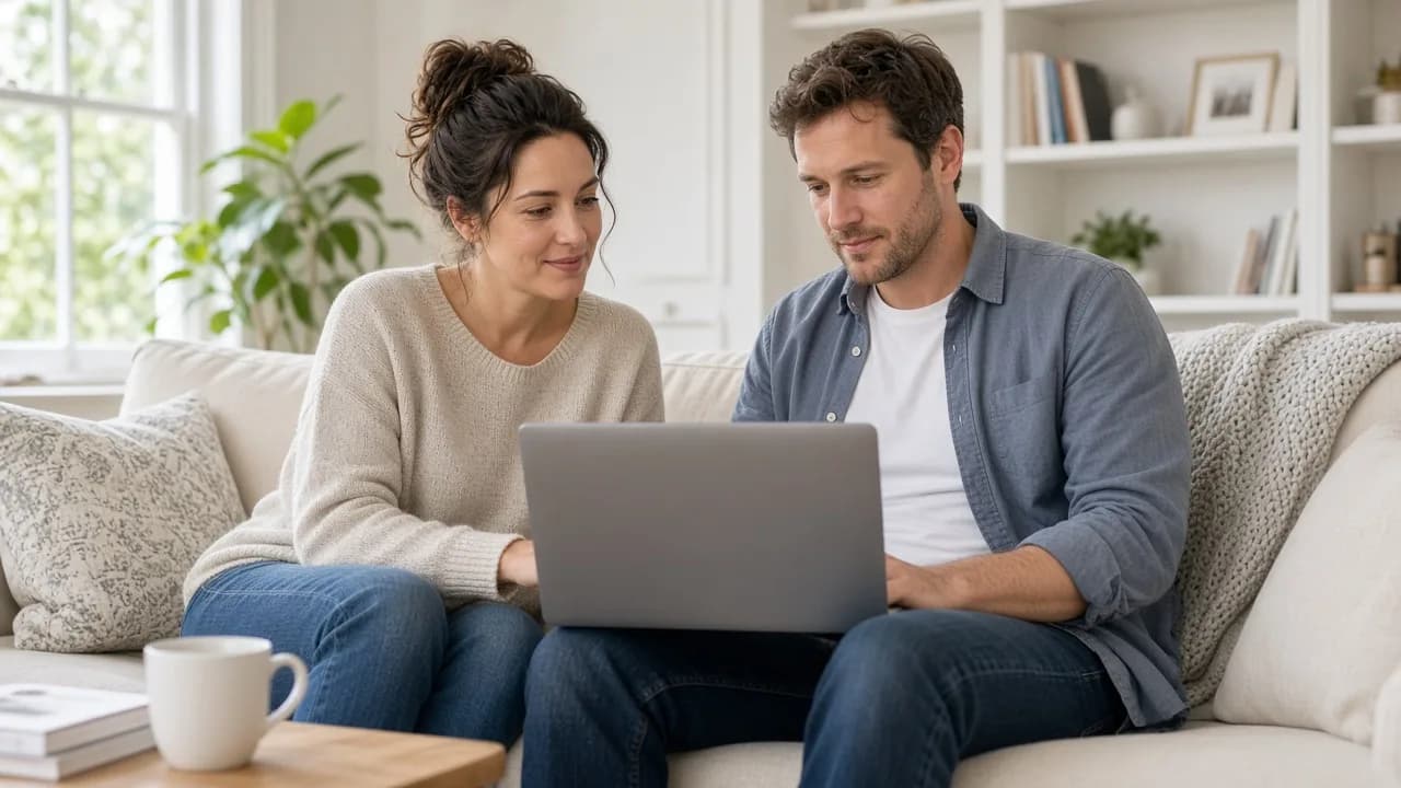 Two people sit in a bright room looking toward a laptop whose screen faces away.