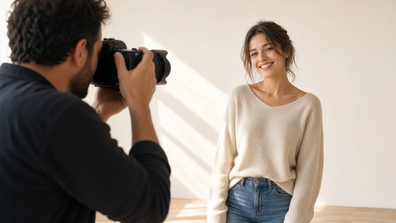 A photographer takes a portrait of a smiling person in a sunny studio.