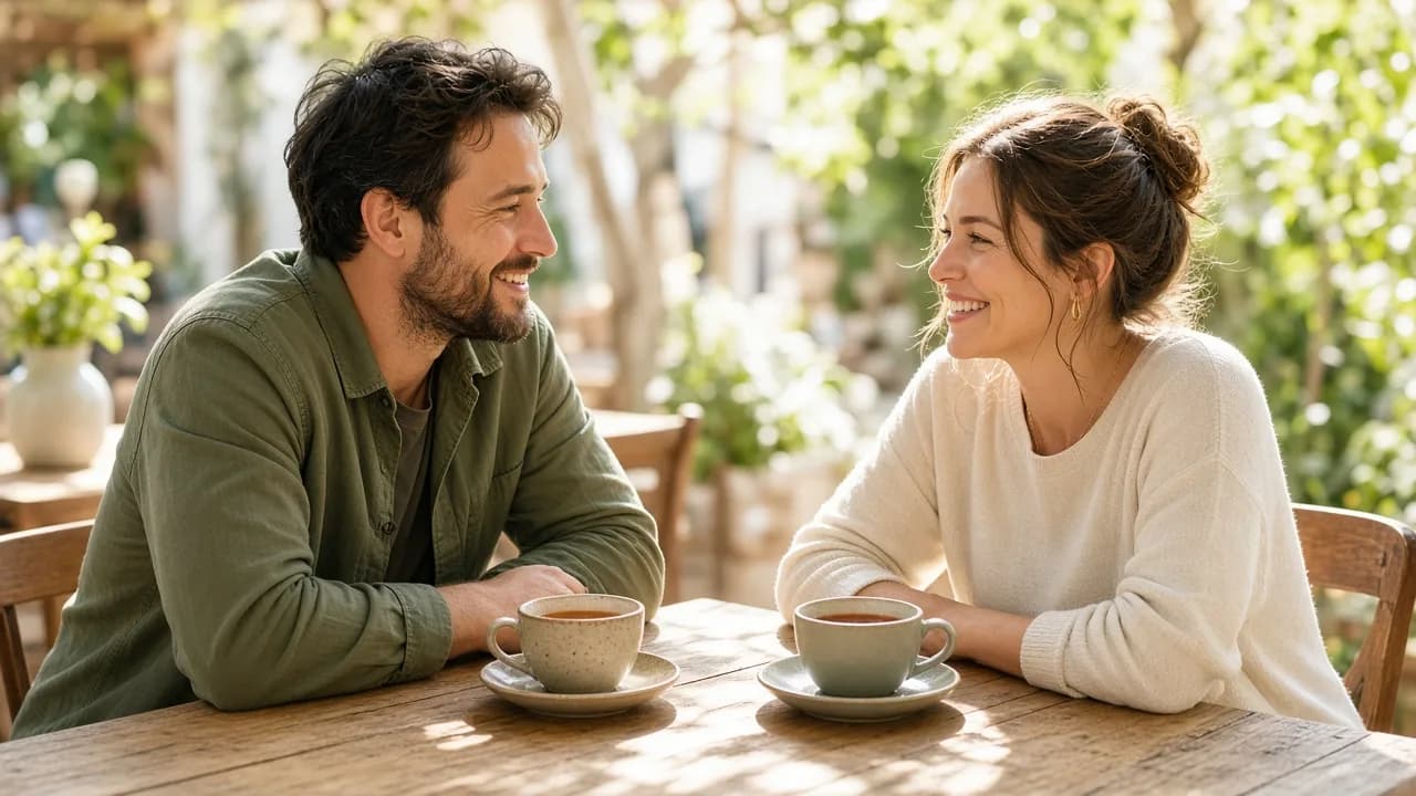 Two people meet and smile across a sunlit table.