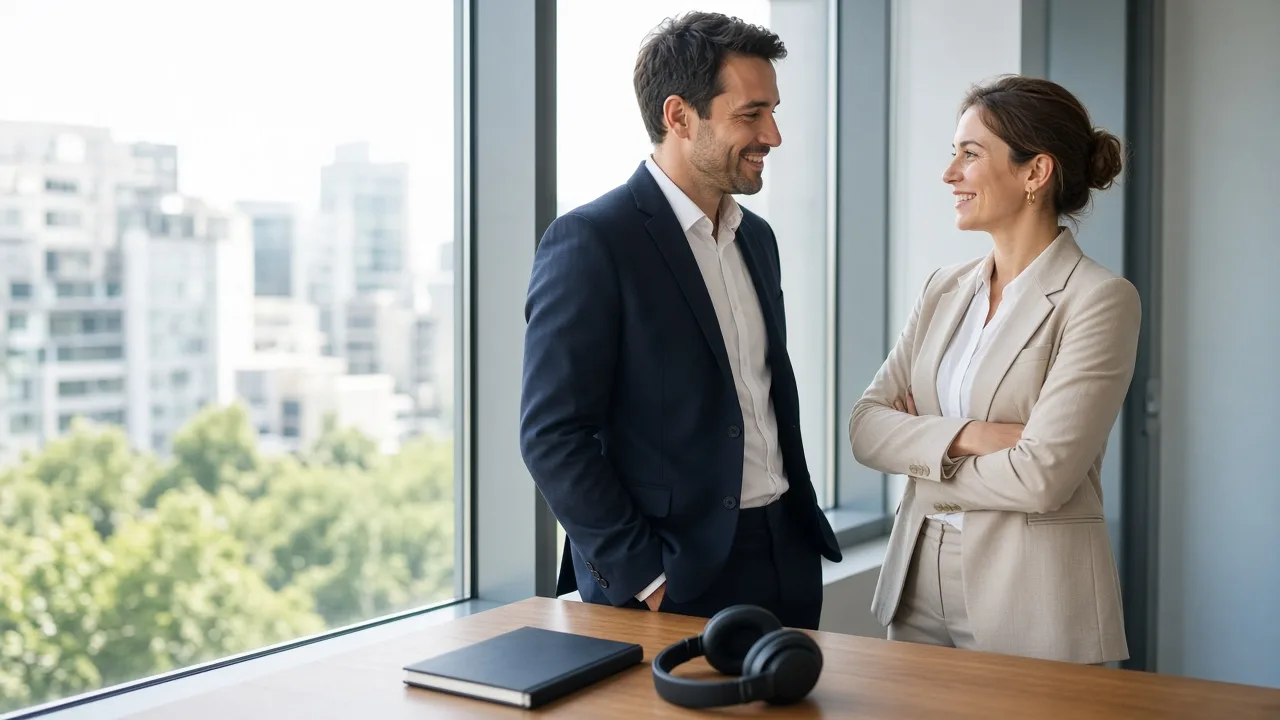 Two professionals stand by a large sunny window with a closed notebook and headphones nearby.