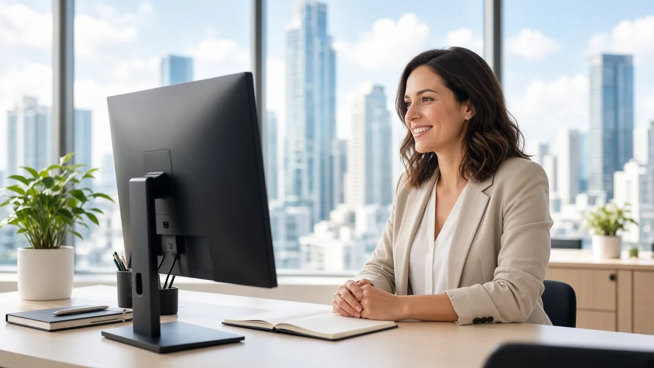 A coordinator works at a sunny desk with a monitor facing away and a city view.