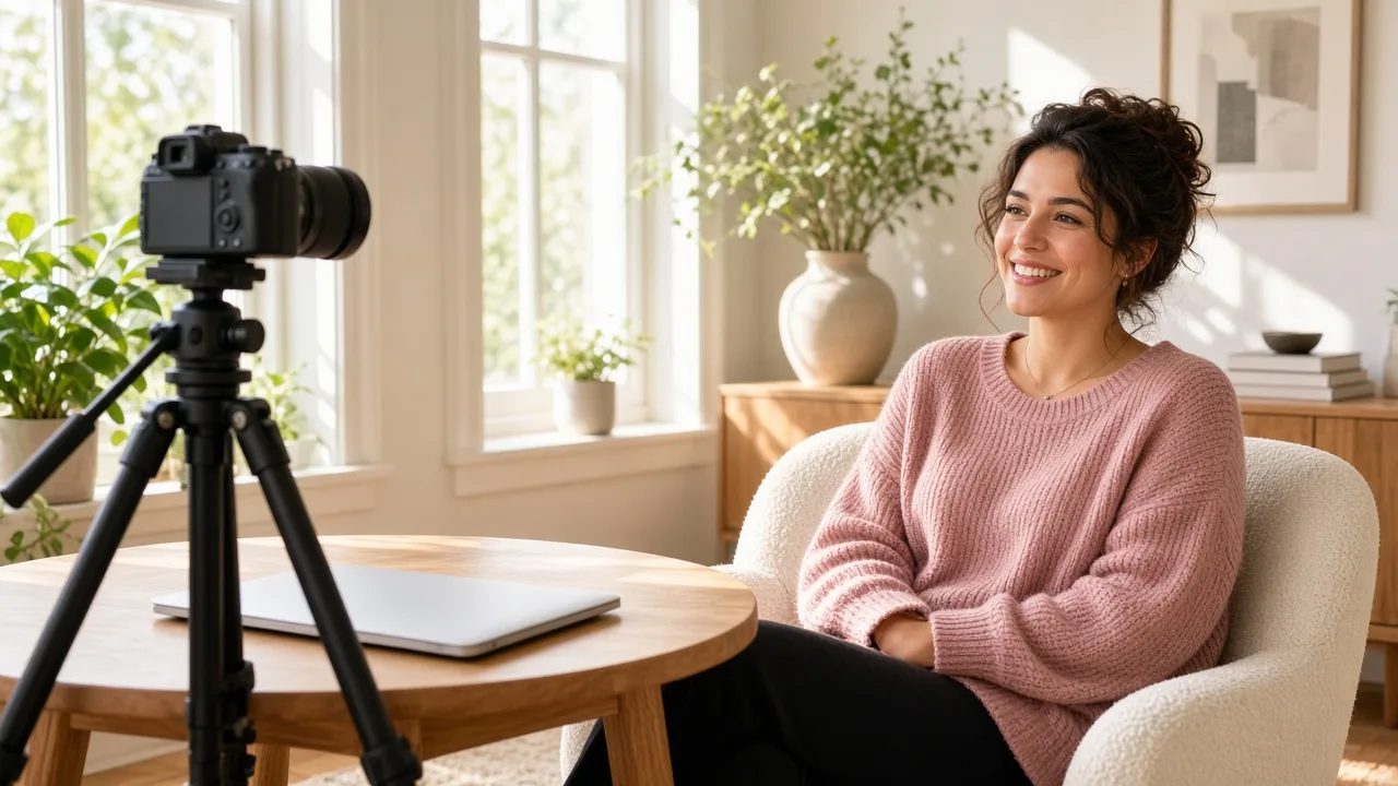 A creator stands beside a camera on a tripod in a sunny room with a closed laptop nearby.