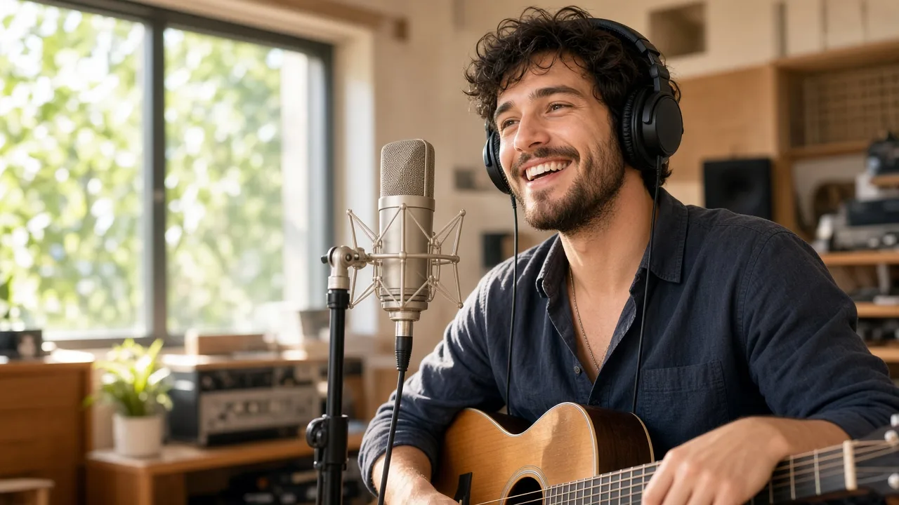 A musician wears headphones beside a microphone in a sunny music studio.