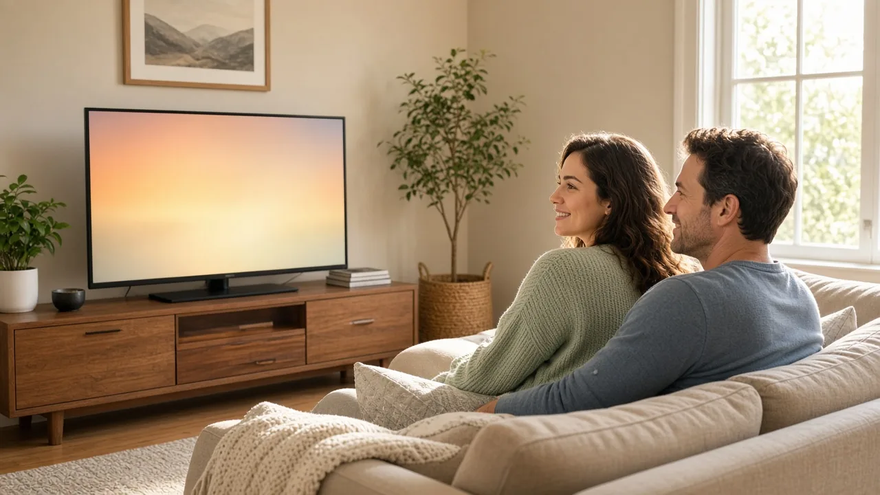 Two people sit on a sofa in a sunny living room facing a television with a soft color glow.