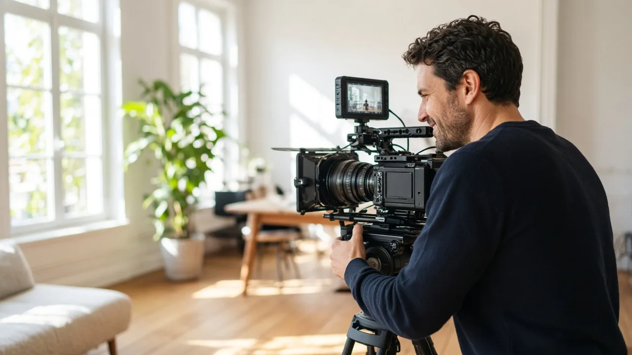 A camera operator films in a sunny room with a cinema camera.