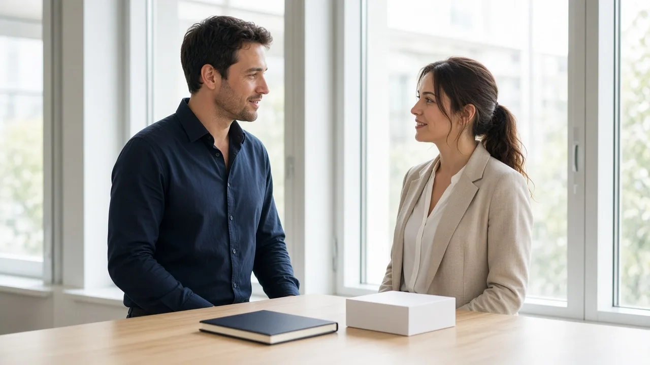 Two colleagues stand by a bright window with a closed notebook and a plain white box on the table.