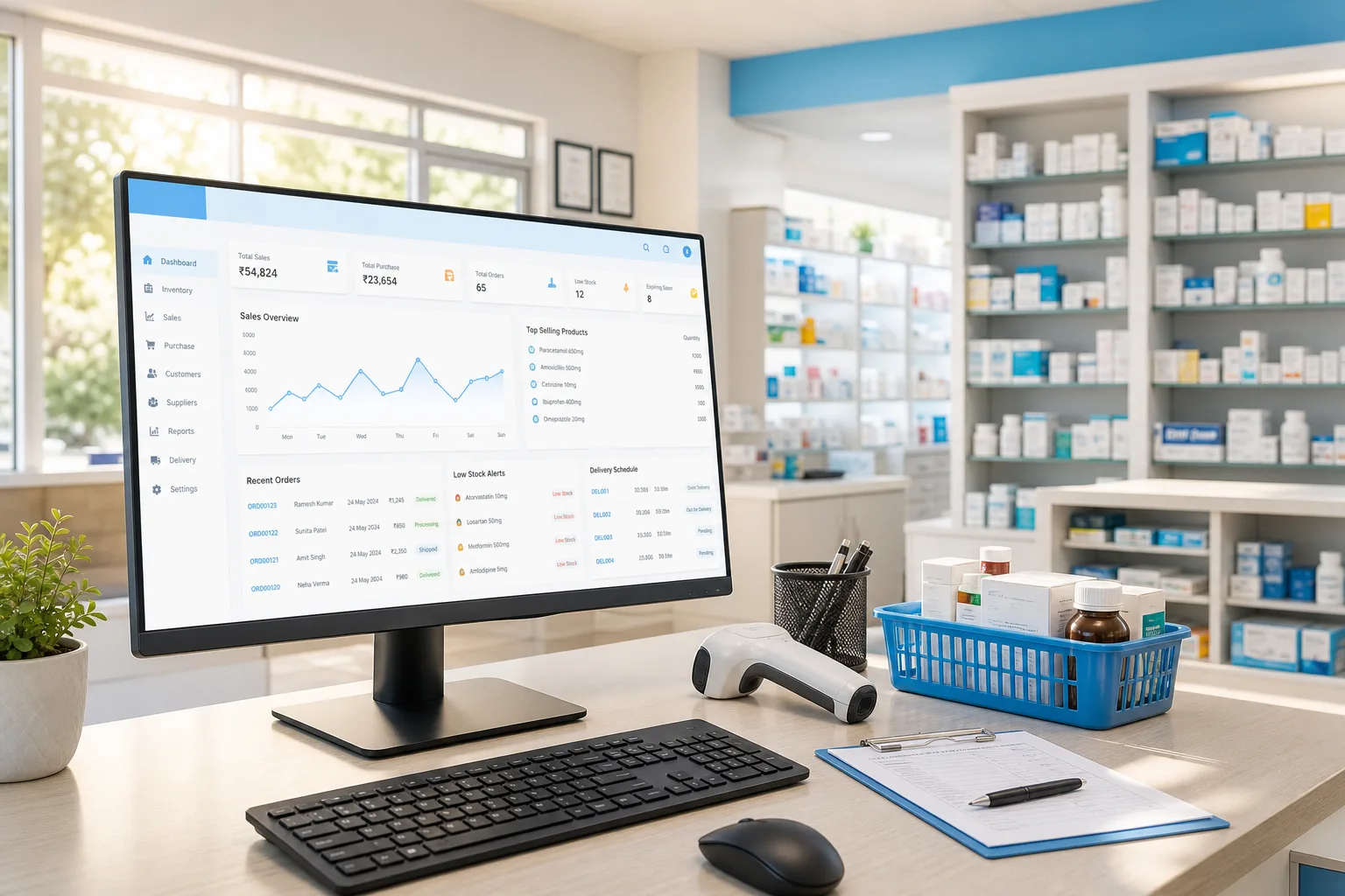 Pharmacy management software with inventory, order processing, and delivery coordination