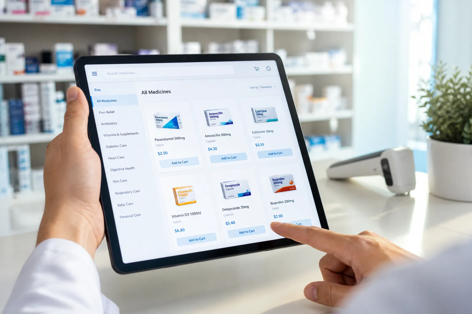 Online pharmacy app with medicine catalogs, prescription verification, and digital payments