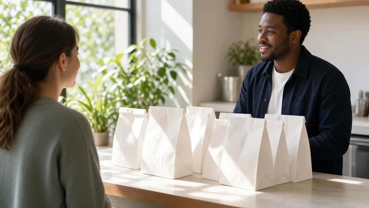 Two people talk beside several plain white paper bags on a sunny counter.