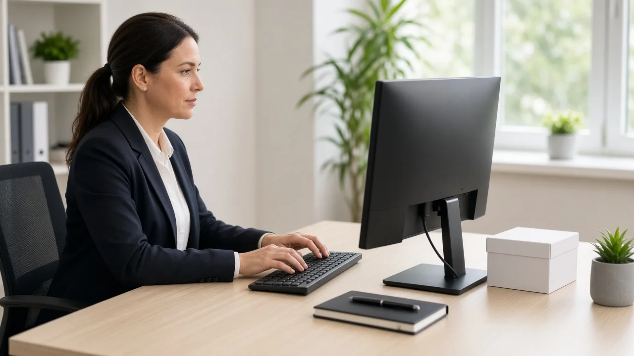 A coordinator sits at a light desk with a monitor turned away and a plain white box nearby.