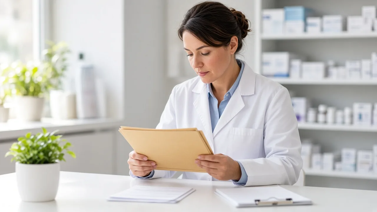 A pharmacist reviews a closed folder at a bright desk, with the pages turned away.