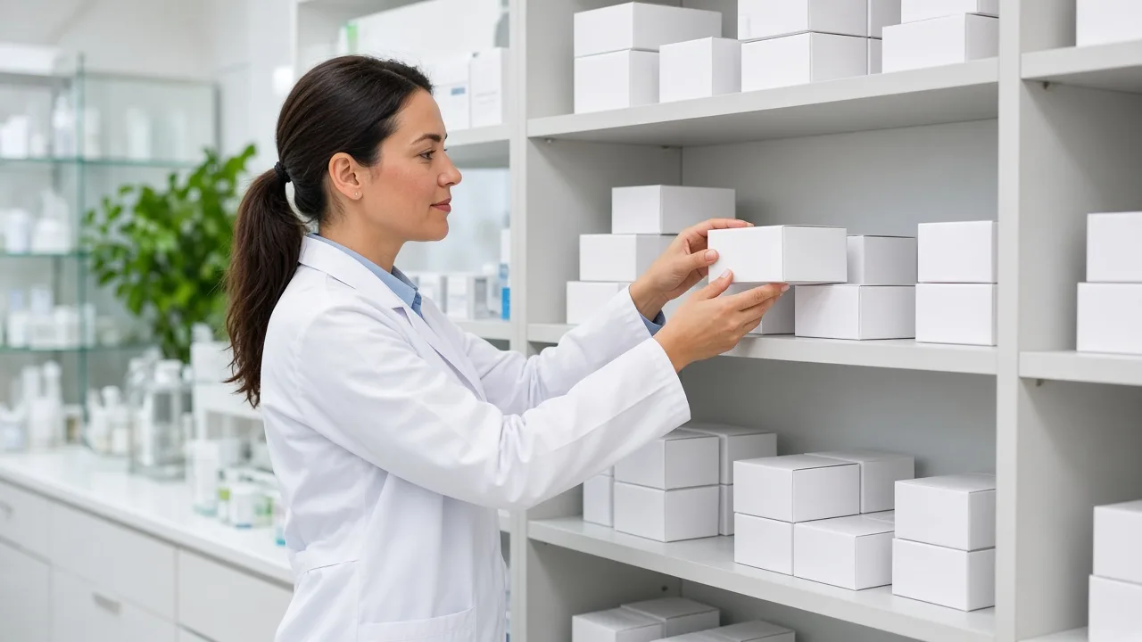 A pharmacy worker organizes plain white boxes on a bright stock shelf.