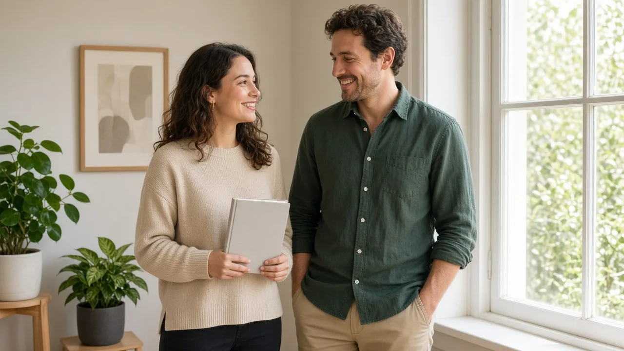 Two people stand by a large sunny window in a calm studio holding a closed notebook.