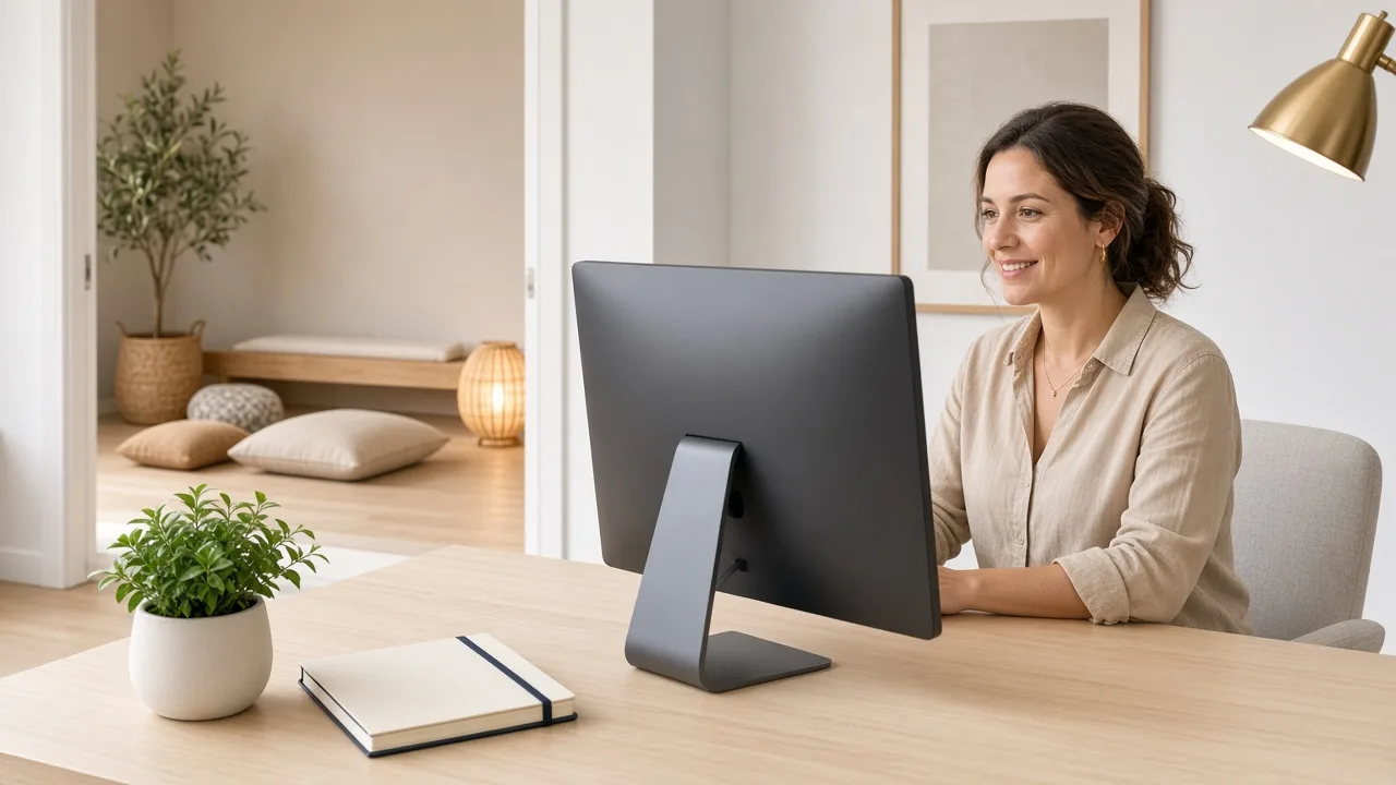 A studio coordinator sits at a desk with a monitor facing away and a meditation room visible through a doorway.