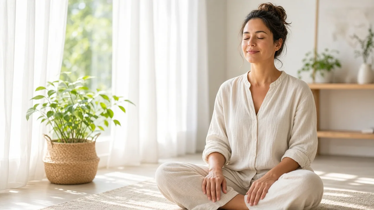 A person sits with eyes closed in a sunny room, breathing calmly beside a plant.