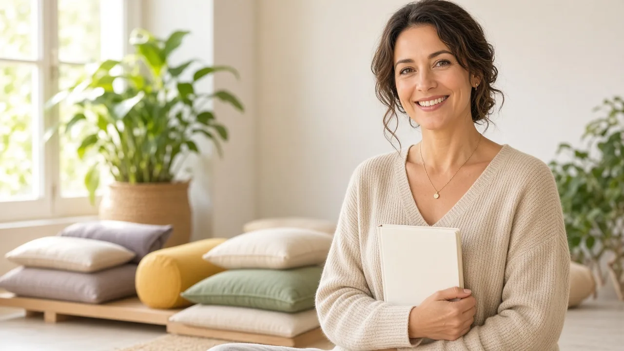 A meditation teacher holds a blank notebook in a bright studio with stacked cushions.